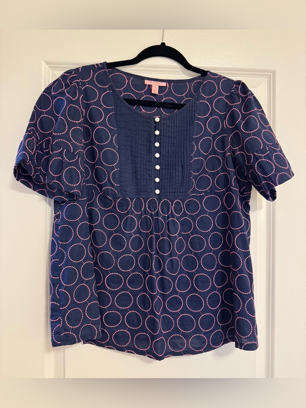 Lilly Pulitzer Women’s Navy Blouse with Pink Circle Print
